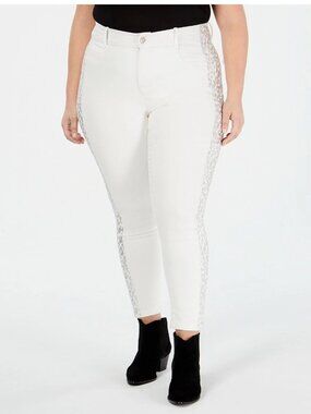 YSJ Your Sexy Jeans Women's Plus Size Animal Trim Skinny Ankle Jeans, Ivory, 22W